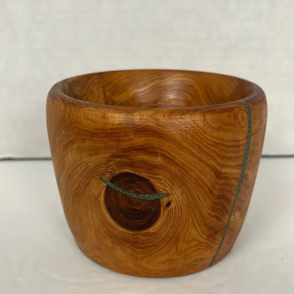 Decorative Wooden Bowl with Green Inlay Hand Crafted Shilling 4x3 Inch